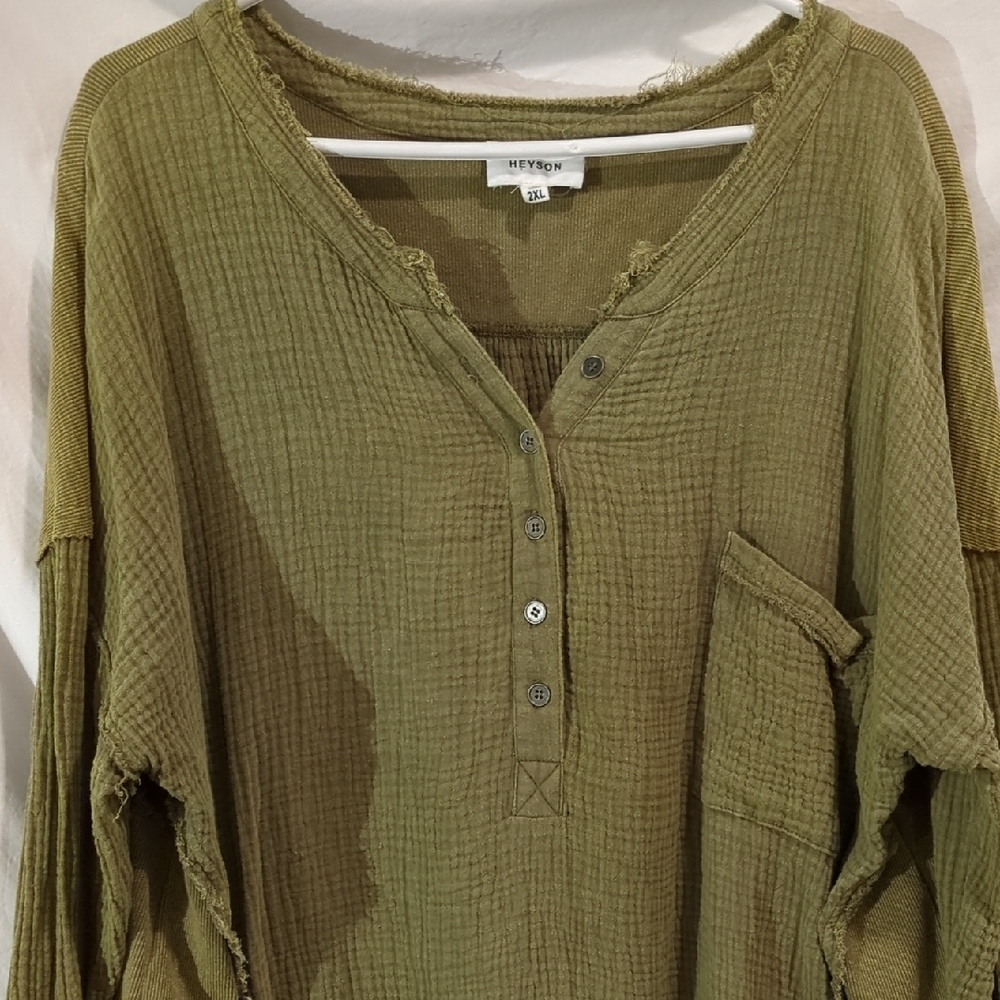 Heyson | Olive Multi Textured Tunic Henley Button Front Long Sleeve | 2XL